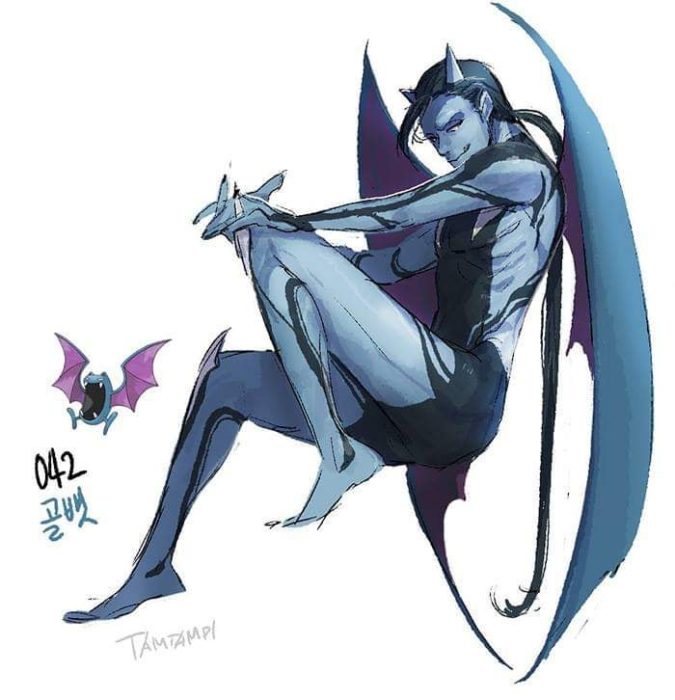 Dibujo de pokémon golbat con su versión en persona 