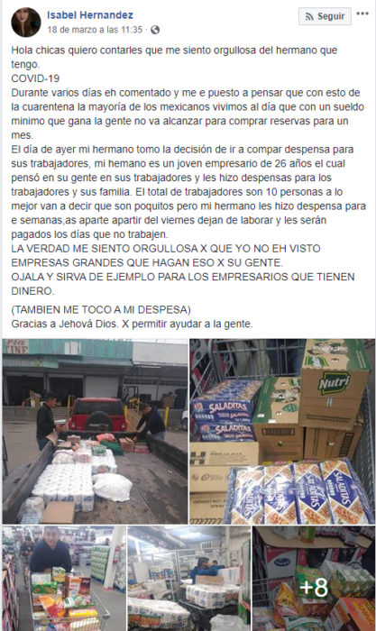 Publicación en facebook de empleado que le regaló despensas a sus trabajadores 