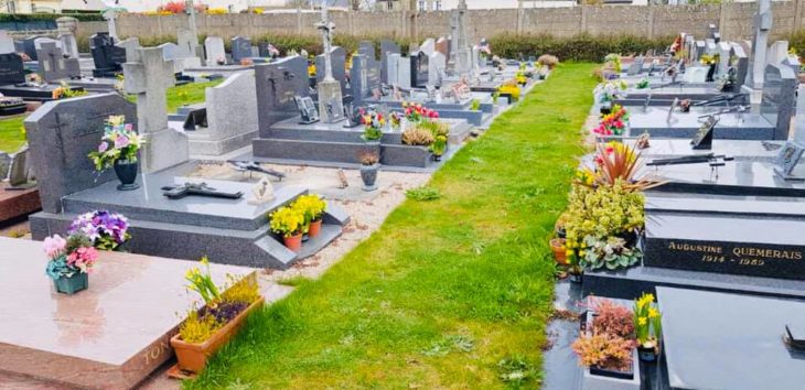 Tumbas de un cementerio adornadas con cientos de flores 