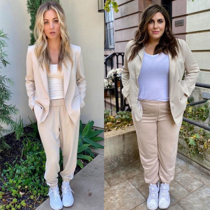 Katie Sturino replicando outfit de Kaley Cuoco