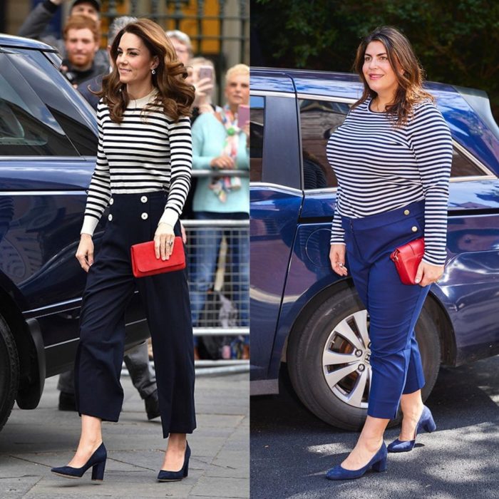 Katie Sturino replicando outfit de Kate Middleton