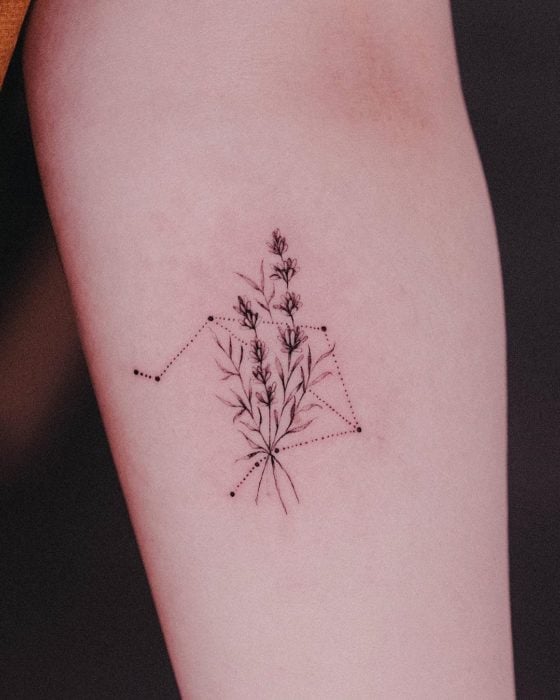 Tatuaje de la constelación de libra adornada con un ramito de vegetación en el área del antebrazo