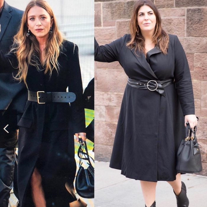 Katie Sturino replicando outfit de Mary Kate Olsen