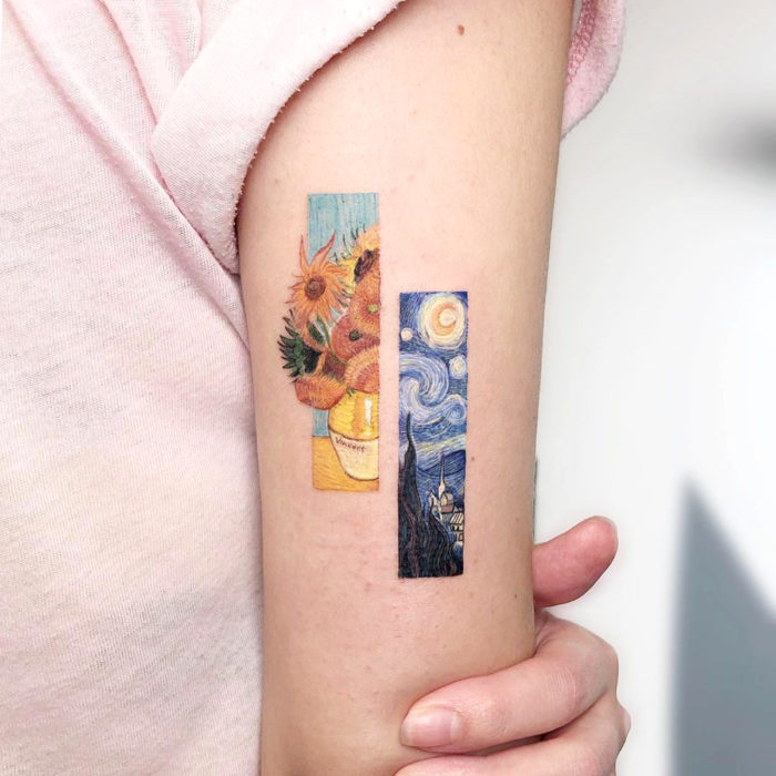 Minitatuajes realistas de Eden Kozokaro; Girasoles y La Noche Estrellada de Vincent Van Gogh