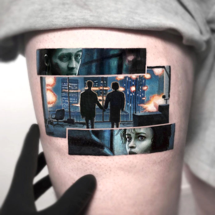 Minitatuajes realistas de Eden Kozokaro; El club de la pelea, Marla y Edward Norton en la ventana