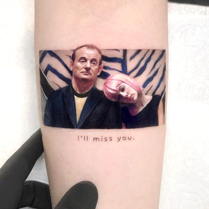 Minitatuajes realistas de Eden Kozokaro; Lost in translation, Bill Murray y Scarlett Johannson 