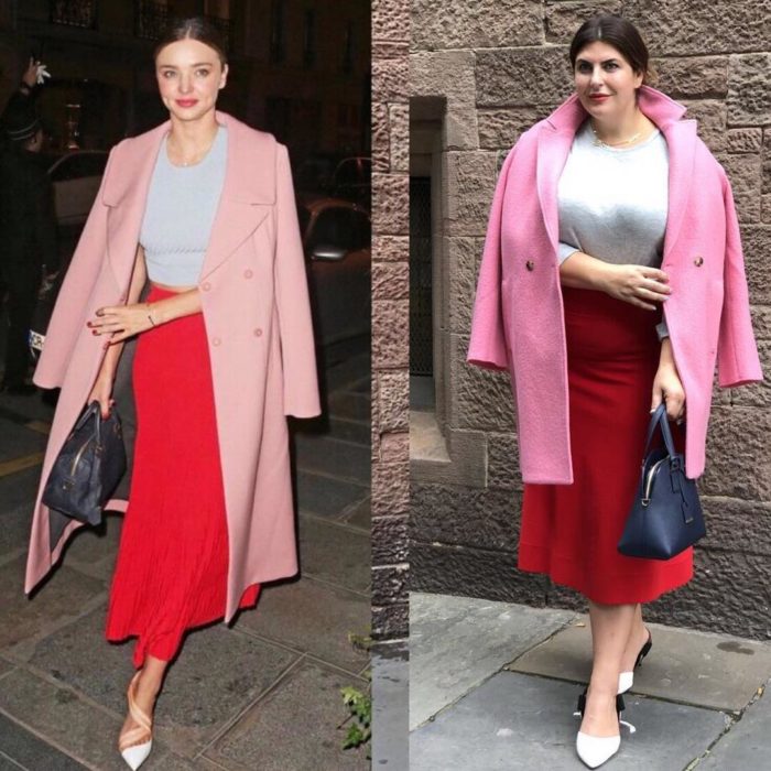 Katie Sturino replicando outfit de Miranda Kerr