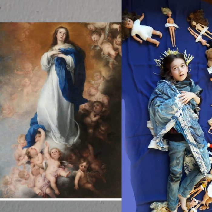 Replica con muñecas barbies de La Inmaculada Concepción de los Venerables de Murillo.