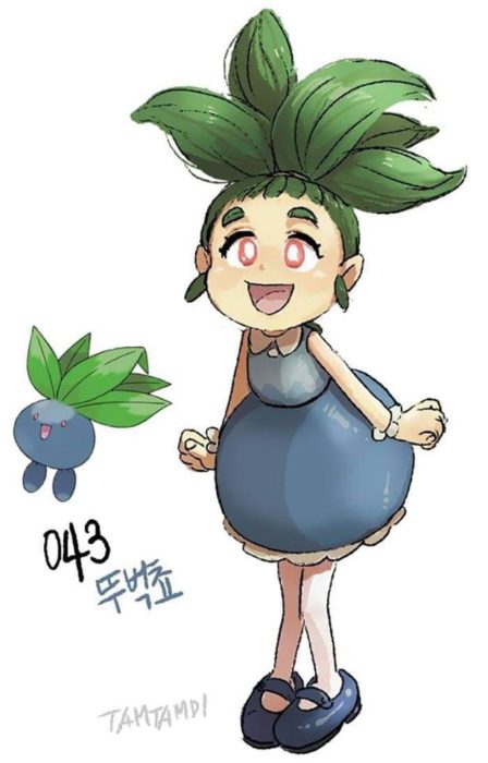 Dibujo de pokémon oddish con su versión en persona 