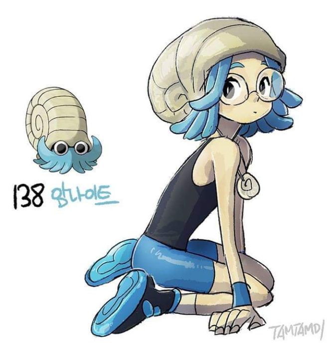 Dibujo de pokémon omanyte con su versión en persona 