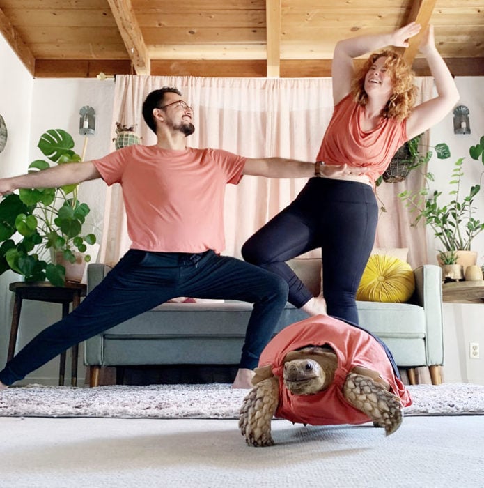 Pareja junto a su tortuga practicando yoga mientras visten de manera similar 