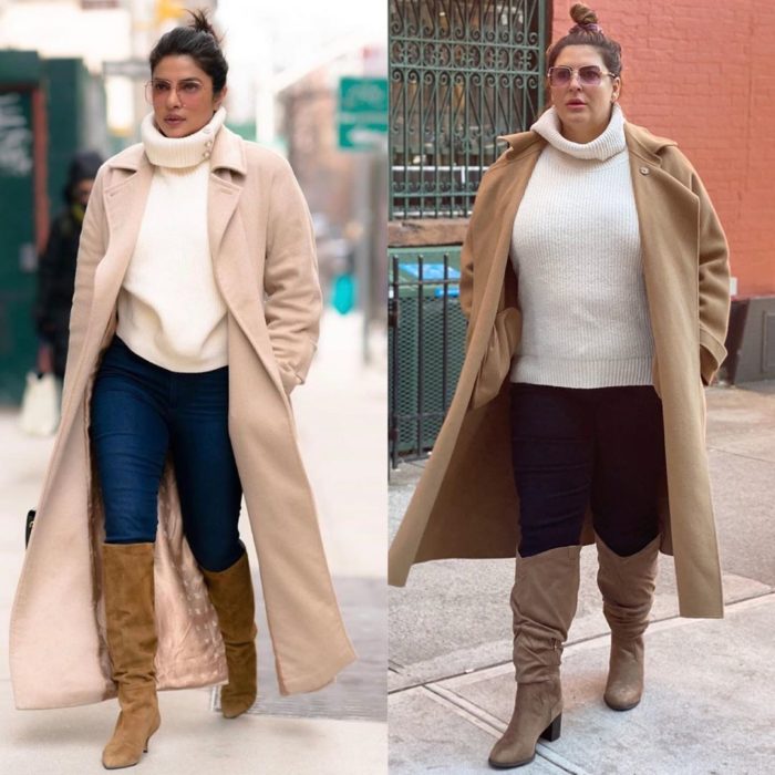 Katie Sturino replicando outfit de Priyanka Chopra