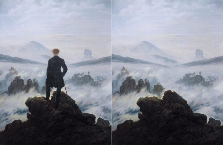 El caminante sobre el mar de nubes de Caspar David con y sin personas