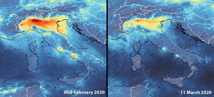 Sátelite muestra reducción de contaminación en Italia antes y después de la contingencia ambiental del Covid-19 
