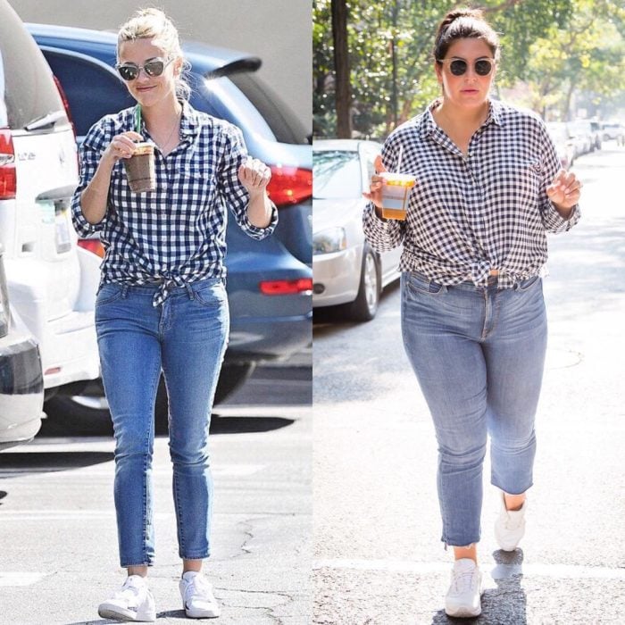 Katie Sturino replicando outfit de Reese Witherspoon