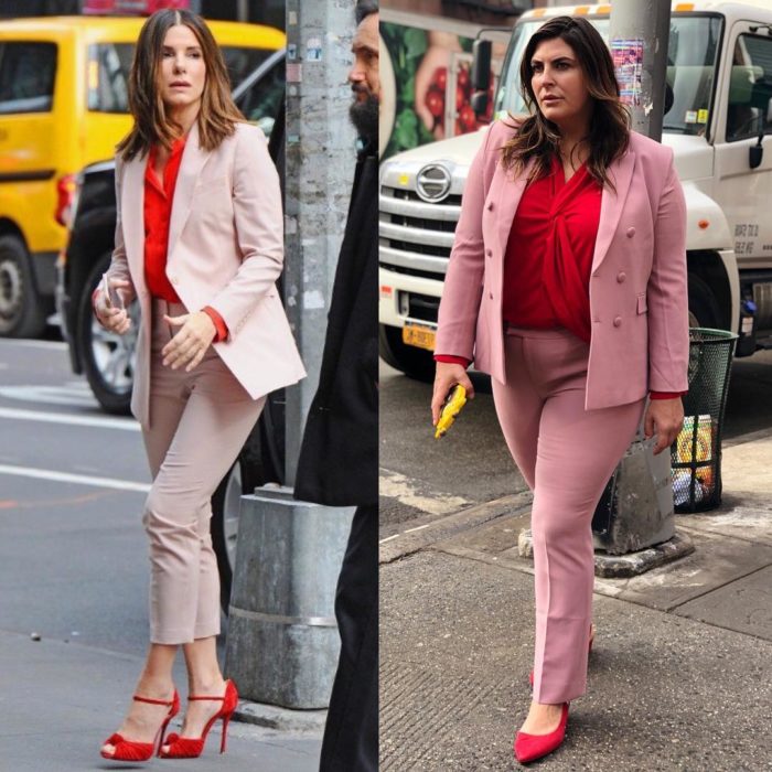 Katie Sturino replicando outfit de Sandra Bullock