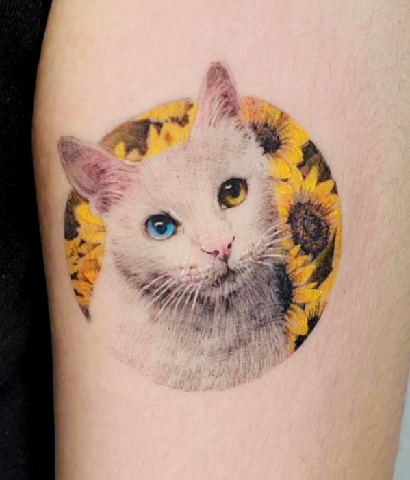 Tatuajes femeninos y con significado; gato blanco con ojos azul y amarillo, en flores girasoles