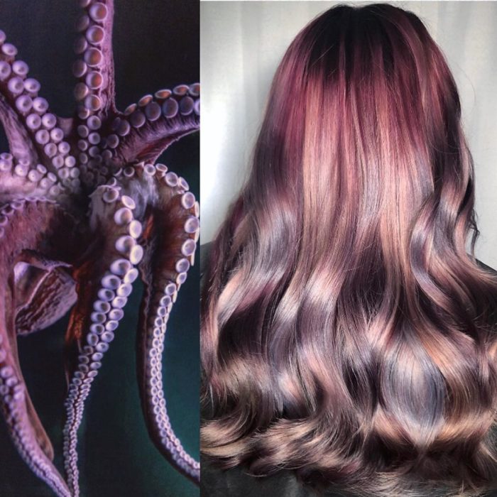 Ursula Goff, estilista crea tintes basados en naturaleza y obras de arte; pulpo, cabello morado, lila y castaño