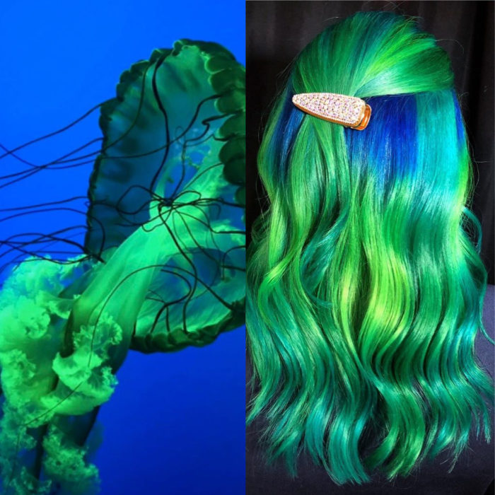 Ursula Goff, estilista crea tintes basados en naturaleza y obras de arte; medusa en el mar, cabello largo y ondulado color azul rey y verde neón