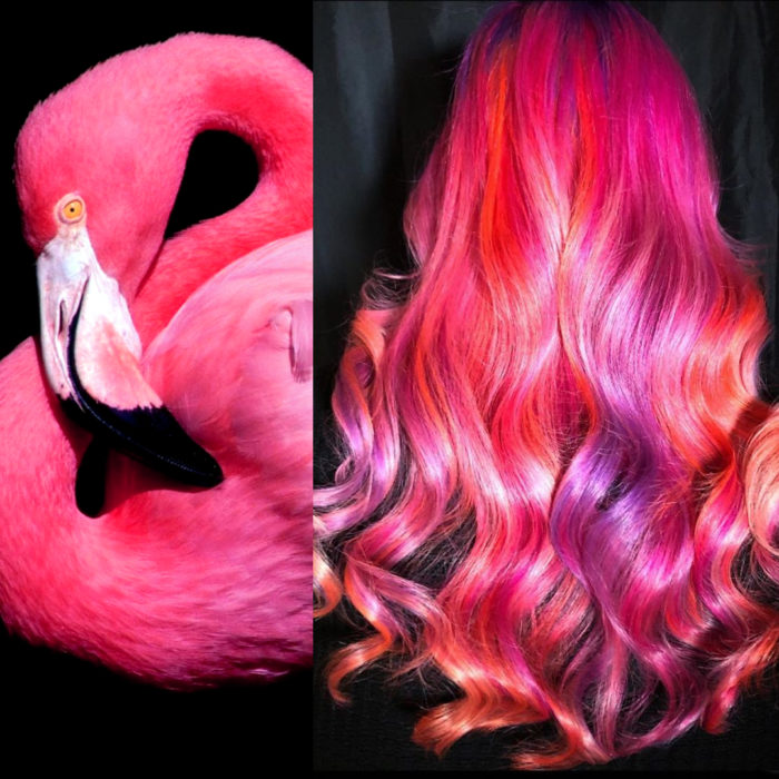 Ursula Goff, estilista crea tintes basados en naturaleza y obras de arte; flamenco, flamingo, cabello largo ondulado de color rosa y magenta