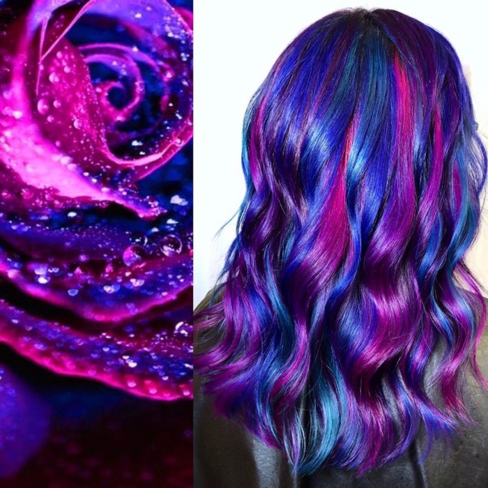 Ursula Goff, estilista crea tintes basados en naturaleza y obras de arte; rosa con pétalos morados, cabello morado, rosa y azul