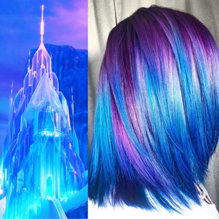 Ursula Goff, estilista crea tintes basados en naturaleza y obras de arte; Castillo de Elsa de Frozen, cabello corto y lacio de color morado y azul