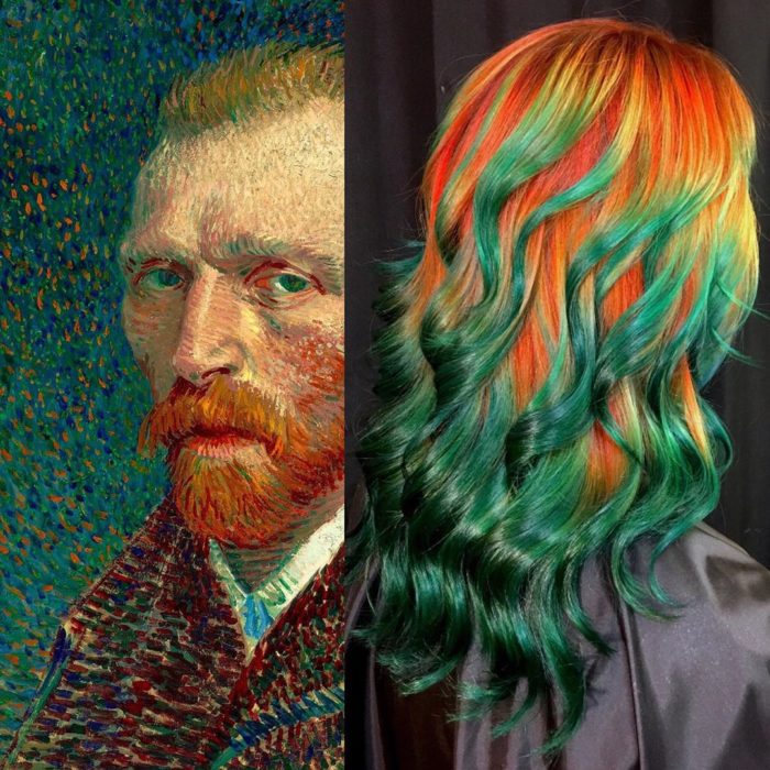 Ursula Goff, estilista crea tintes basados en naturaleza y obras de arte; pintura de Vincent van Gogh, cabello largo y ondulado, amarillo, anaranjado, verde esmeralda