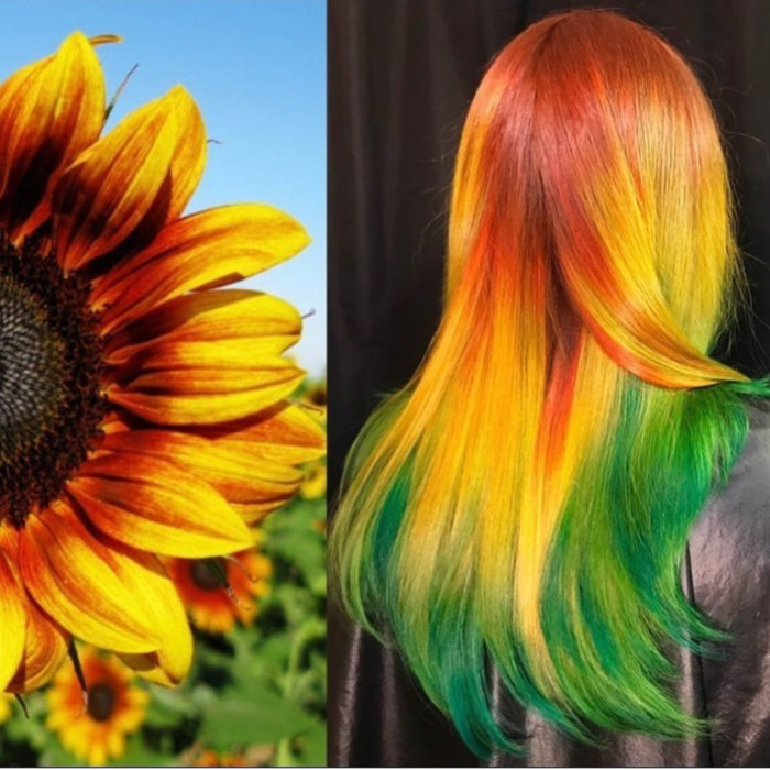 Ursula Goff, estilista crea tintes basados en naturaleza y obras de arte; girasoles, cabello largo y lacio color anaranjado, amarillo y verde