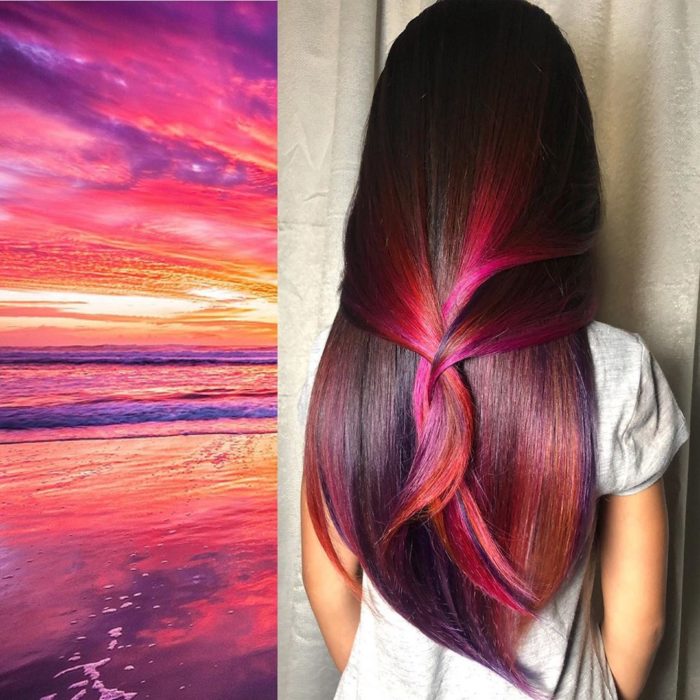 Ursula Goff, estilista crea tintes basados en naturaleza y obras de arte; atardecer de colores, cabello rosa, anaranjado, morado, castaño y rojo