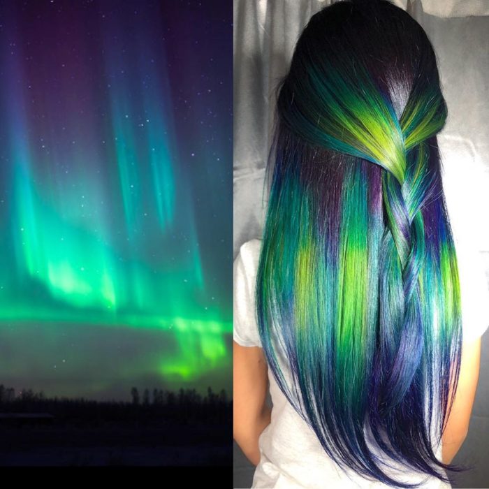 Ursula Goff, estilista crea tintes basados en naturaleza y obras de arte; auroras boreales, cabello verde, azul, morado