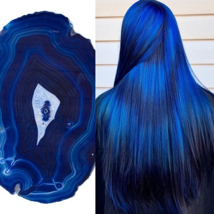 Ursula Goff, estilista crea tintes basados en naturaleza y obras de arte; piedra preciosa zafiro, cabello largo y lacio color azul rey