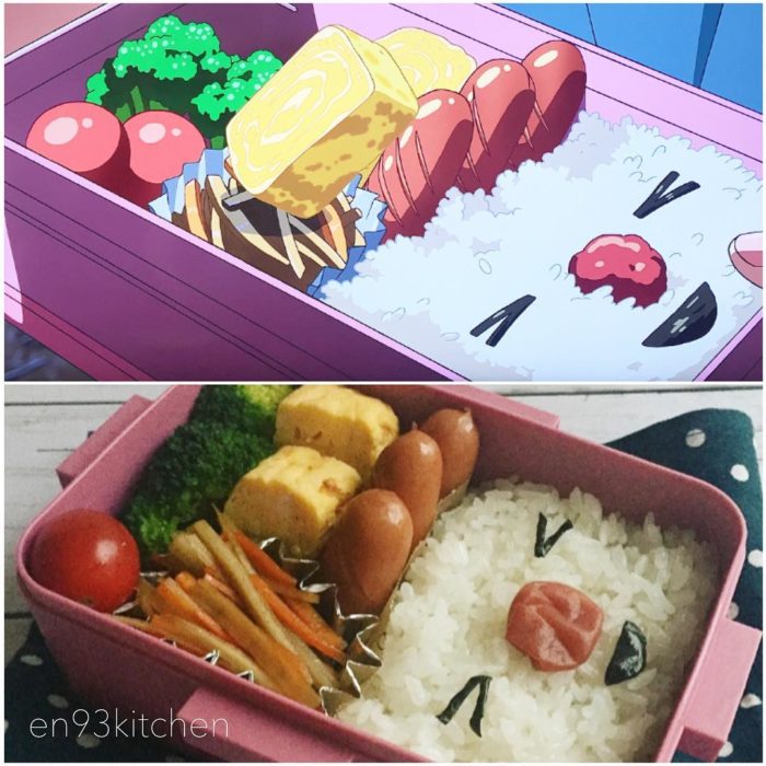 Recreación de comida de películas de Studio Ghibli, arroz con vegetales, salchichas y queso