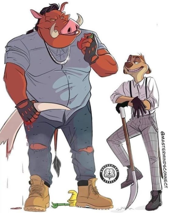 Ilustración de Master Minds Connect en la versión adolescente de El rey León, Timón y Pumba