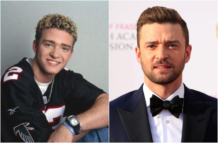 Justin Timberlake con cabello rizado y decolorado en rubio 