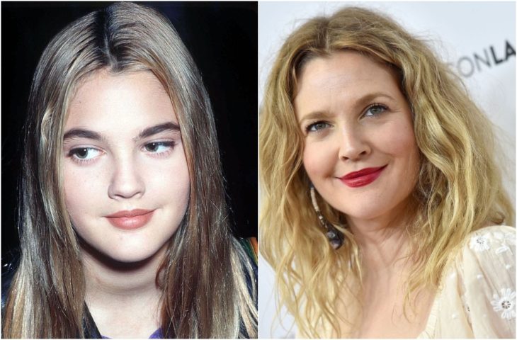 Drew Barrymore de joven y en la actualidad con cabello rubio 