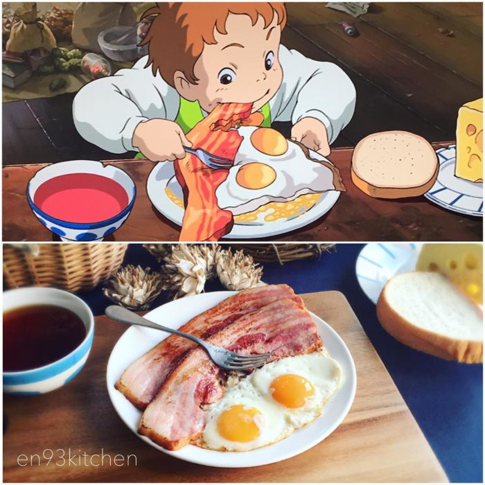 Recreación de comida de películas de Studio Ghibli, huevos con tocino