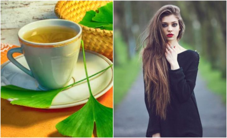 Chica con cabello largo y rubio junto a un té de ginkgo biloba