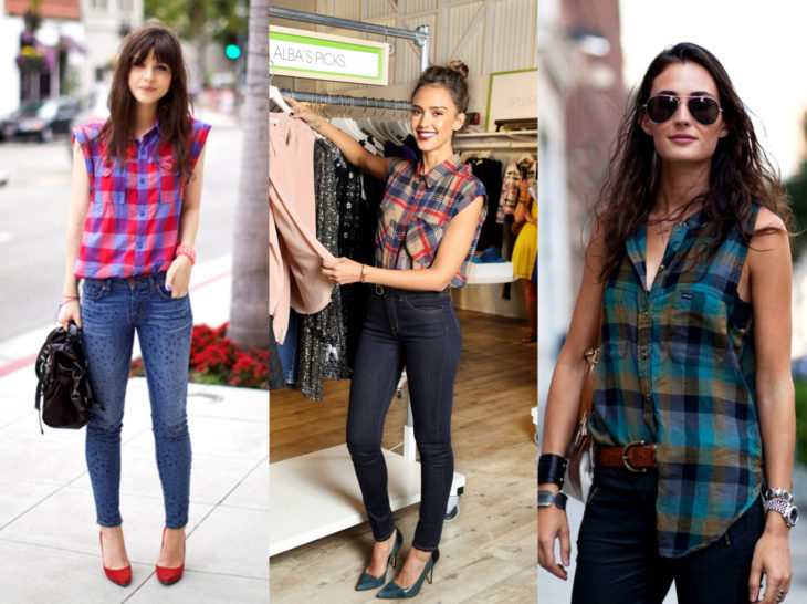 Outfits con blusa de leñador; camisa de cuadros sin mangas