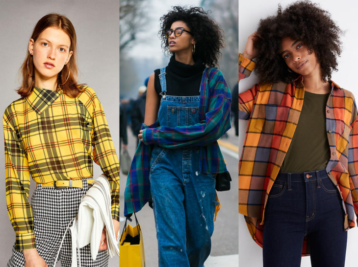 Outfits con blusa de leñador; camisa de cuadros de colores anaranjado, amarillo y azul