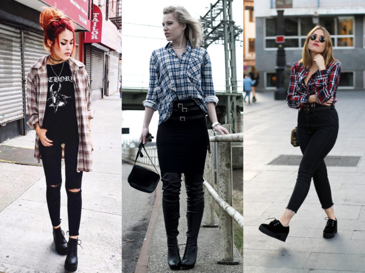 Outfits con blusa de leñador; camisa de cuadros con jean negro