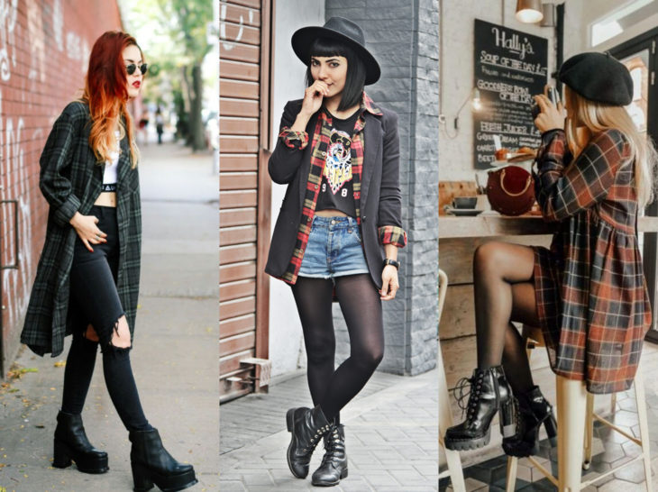 Outfits con blusa de leñador; camisa de cuadros con botines