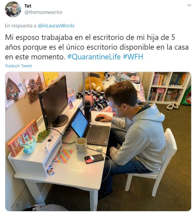 Captura de Twitter con relato de reacción ante faceta de personalidad de su familia por home office