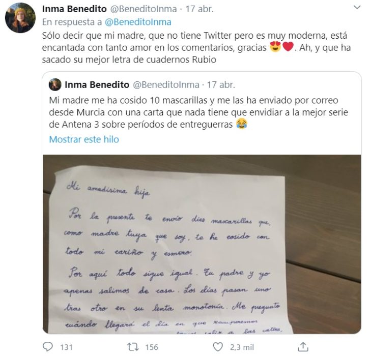 Captura de twitter del hilo de Inma