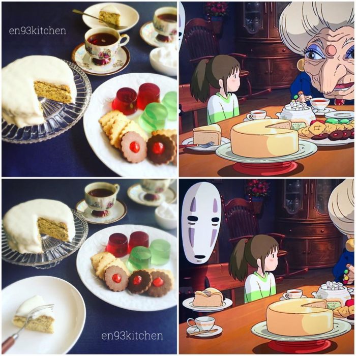 Recreación de comida de películas de Studio Ghibli, pastel, galletas y gelatina