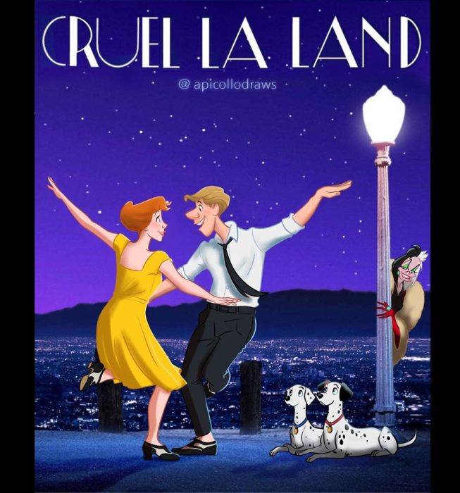 personajes de Disney en la portada de la película La la land