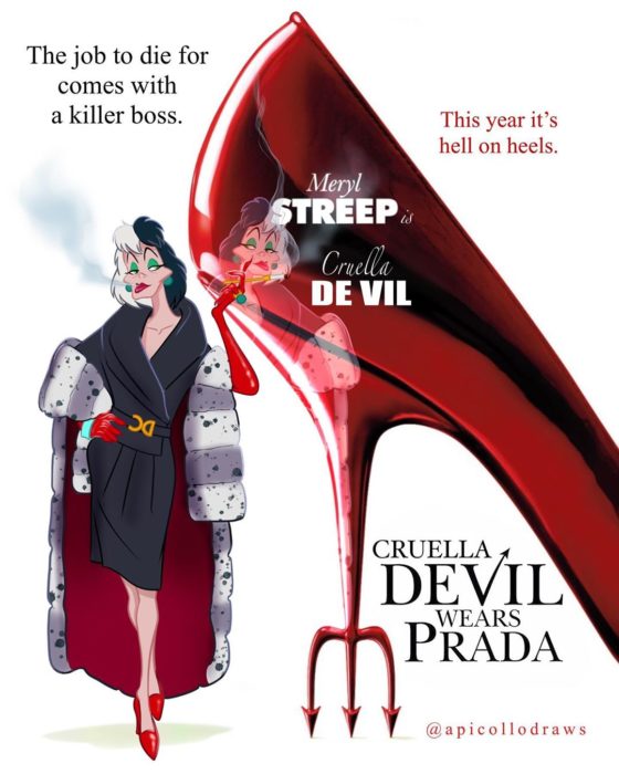 personajes de Disney en la portada de la película El diablo viste a la moda