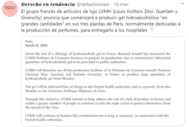 Captura de pantalla de Twitter con el anuncio de Dior y Givenchy para producción de gel antibacterial