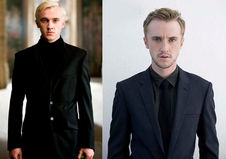 Foto comparativa del personaje Draco Malfoy, con el actor que le dio vida Tom Felton