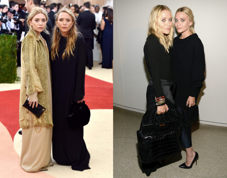 Mary Kate y Ashley Olsen posando de la misma manera en las alfombras rojas 