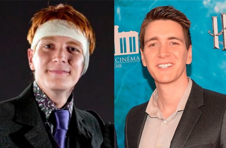 Foto comparativa del personaje George Weasley, con el actor que le dio vida Oliver Phelps